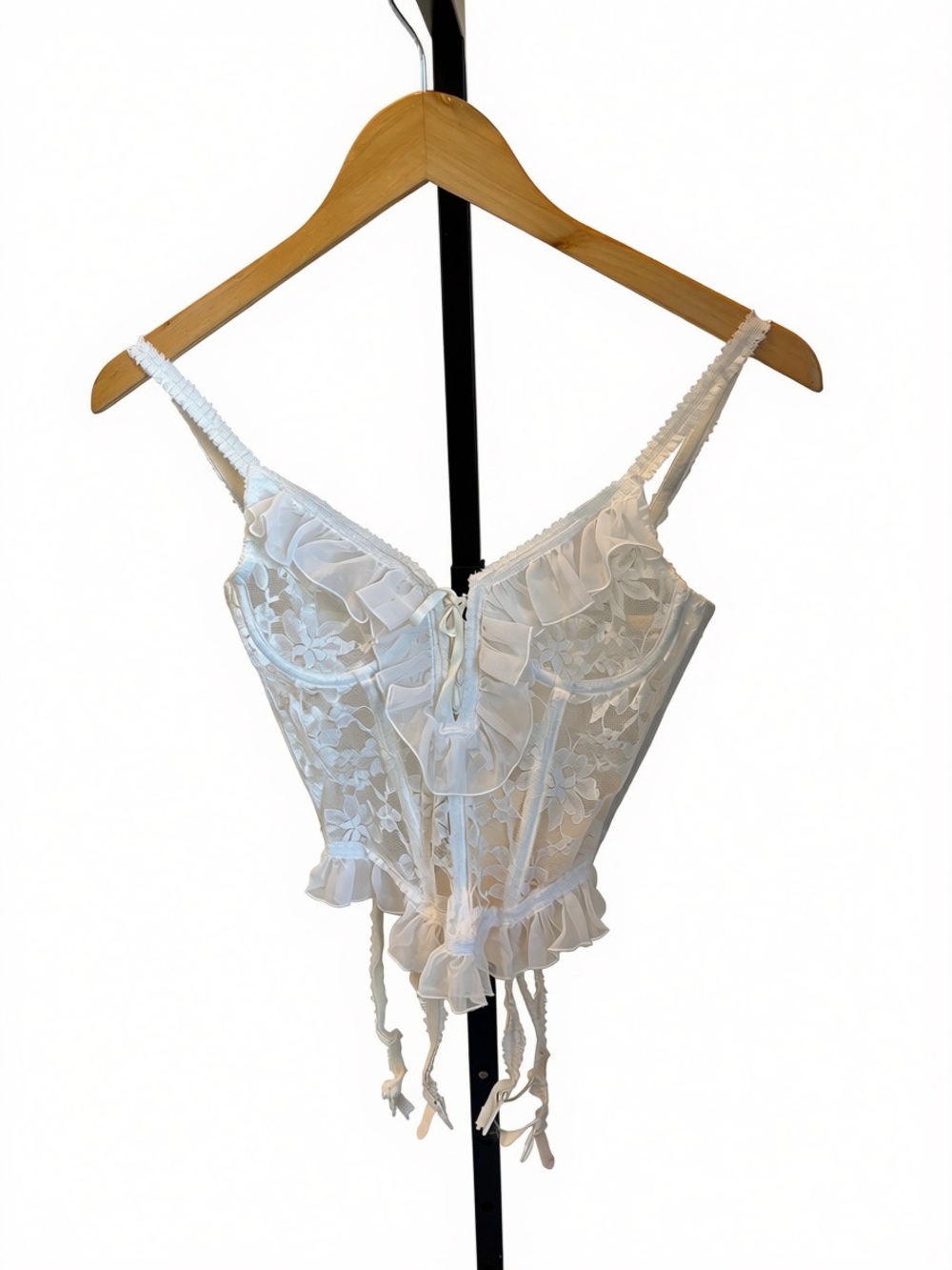 Victoria's Secret Crown Label White Lace Corset Bustier with Ruffle Trim